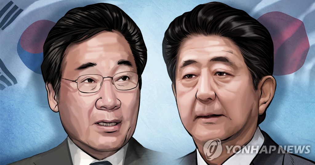 韓国の李首相（左）と安倍首相（イラスト）＝（聯合ニュース）