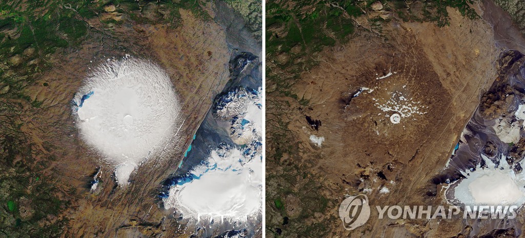 1986년 9월 촬영된 오크예퀴들 빙하의 현재(2019년 8월) 모습. 대부분이 녹아 사라진 상태다. 