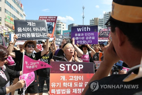 작년 8월 동물보호단체가 성남 모란시장에서 벌인 '개 식용 반대' 캠페인