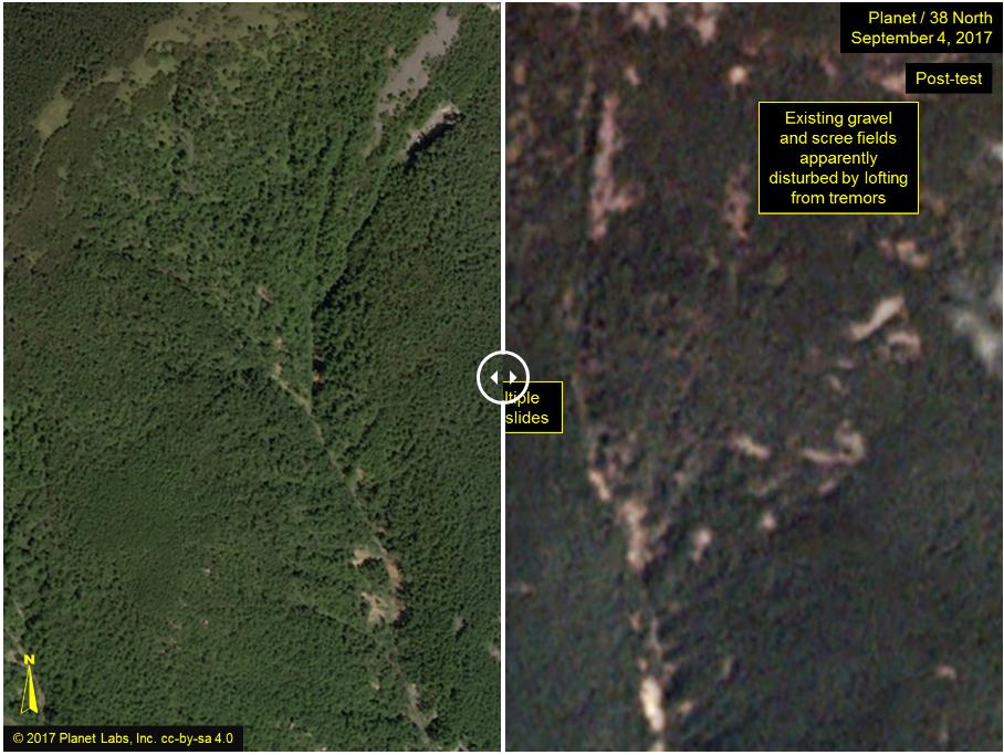 北朝鮮・豊渓里周辺の核実験前後の衛星画像。４日撮影の画像（右）には実験前の画像（左）にない地滑りの跡などが確認できる（３８ノース提供）＝６日、ソウル（聯合ニュース）