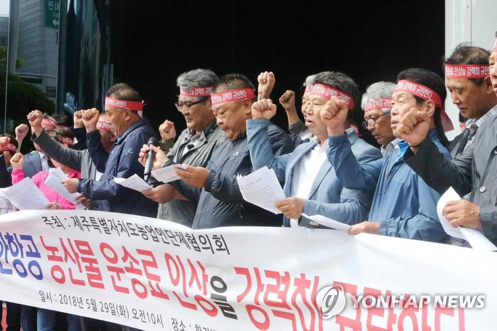 항공화물 운임 인상 항의하는 제주 농민단체