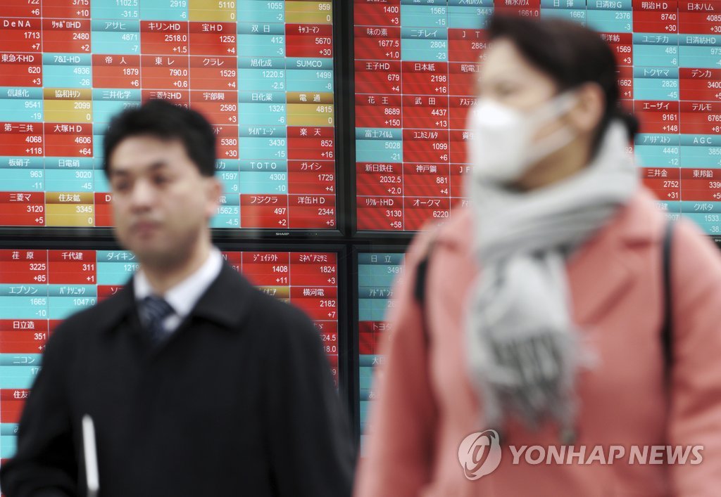 (도쿄 AP=연합뉴스) 일본 도쿄에서 행인들이 증권사 주식 전광 시세판 옆을 지나고 있다.