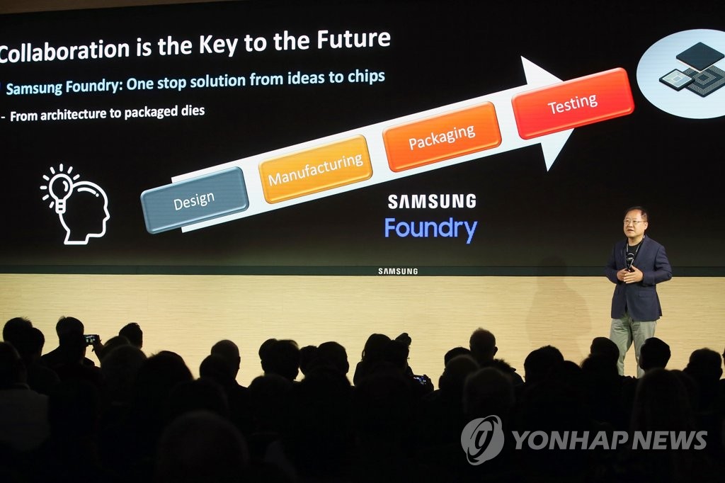 Park Jae-hong, executive vice president of foundry design platform development at Samsung Electronics Co., speaks during the Samsung Advanced Foundry Ecosystem Forum at the Samsung Device Solutions America office in San Jose, California, on Oct. 18, 2019, in this photo provided by the company. (PHOTO NOT FOR SALE) (Yonhap)