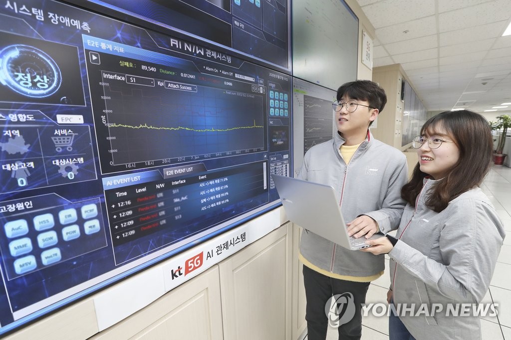 In this photo taken by KT Corp. on Jan. 9, 2020, KT employees check the company's 5G network through an artificial intelligence-powered control system. (PHOTO NOT FOR SALE) (Yonhap)