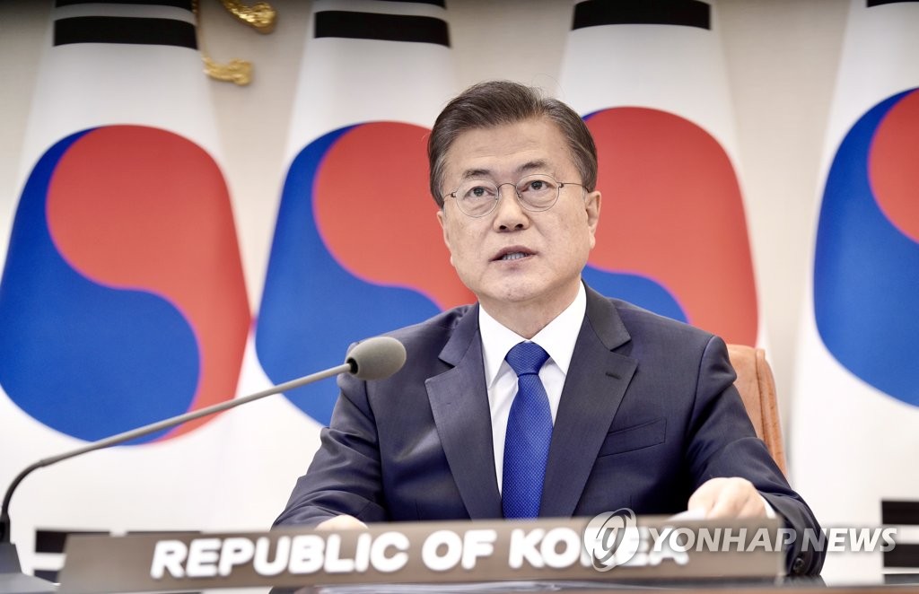 South Korean President Moon Jae-in speaks during a virtual summit of ASEAN Plus Three member countries on April 14, 2020, at his office, in Seoul, in this photo provided by Cheong Wa Dae. (PHOTO NOT FOR SALE)