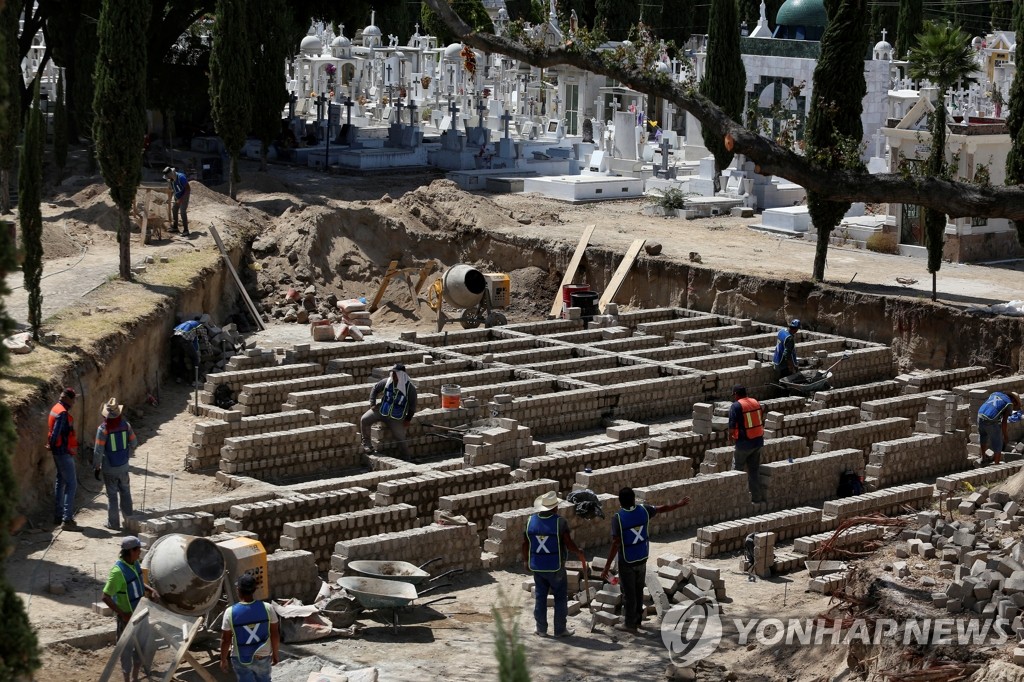 코로나19 사망자 급증 대비 공동묘지 만드는 멕시코 인부들