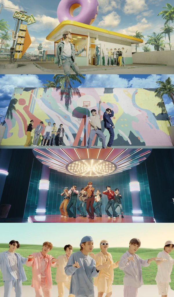 This image provided by Big Hit Entertainment shows highlights from the music video for K-pop boy group BTS' new single "Dynamite" released on Aug. 21, 2020. (PHOTO NOT FOR SALE) (Yonhap)