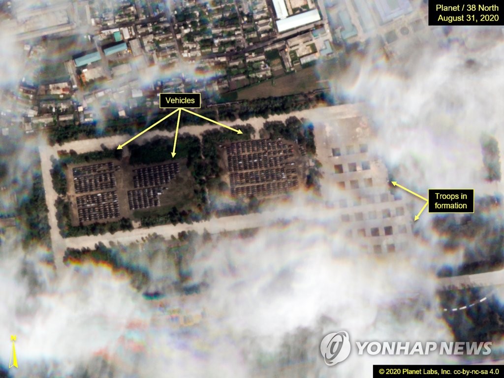This satellite image, taken by Planet Labs on Aug. 31, 2020, and made public by 38 North on Sept. 1, shows the Mirim Airport in Pyongyang, where preparations for a large-scale military parade are under way to celebrate the 75th anniversary of North Korea's ruling Workers' Party. (PHOTO NOT FOR SALE) (Yonhap)