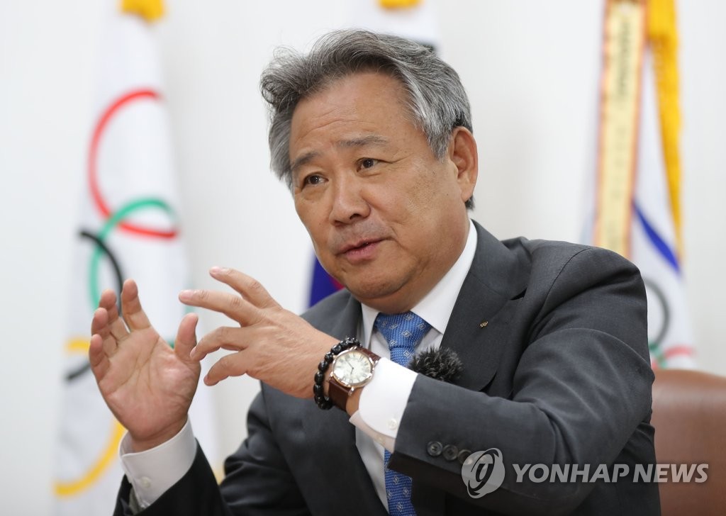 Lee Kee-heung, president of the Korean Sport & Olympic Committee, speaks to Yonhap News Agency during an interview in his office at the KSOC headquarters in Seoul on Sept. 29, 2020. (Yonhap)