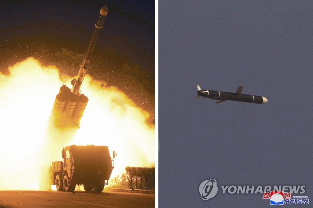 This combined photo, released by North Korea's official Korean Central News Agency (KCNA) on Sept. 13, 2021, shows a long-range cruise missile being fired, as Pyongyang test-fired new long-range cruise missiles on Sept. 11 and 12. The missiles "traveled for 7,580 seconds along an oval and pattern-8 flight orbits in the air above the territorial land and waters" in North Korea and "hit targets 1,500 km away," according to the KCNA. (For Use Only in the Republic of Korea. No Redistribution) (Yonhap)