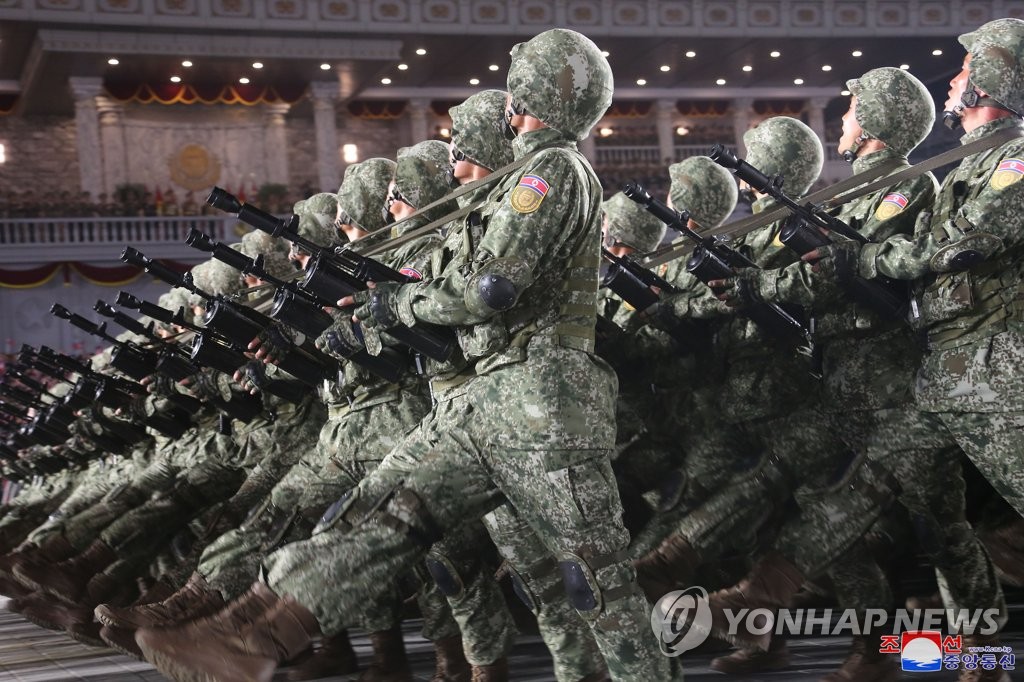North Korean soldiers goose-step during a military parade, attended by North Korean leader Kim Jong-un, at Kim Il-sung Square in Pyongyang on April 25, 2022, to mark the 90th anniversary of the founding of its army, in this photo released the next day by the North's official Korean Central News Agency. (For Use Only in the Republic of Korea. No Redistribution) (Yonhap)