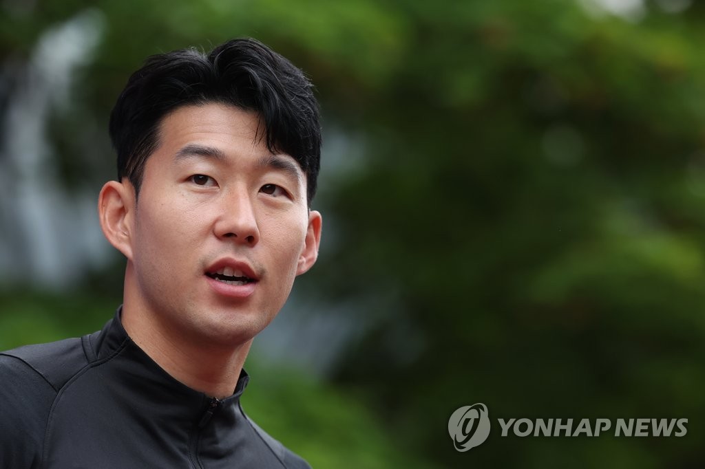 Son Heung-min speaks to press ahead of training for the 2022 Qatar World Cup at a national football training center in Paju, north of Seoul, on May 30, 2022. (Yonhap)
