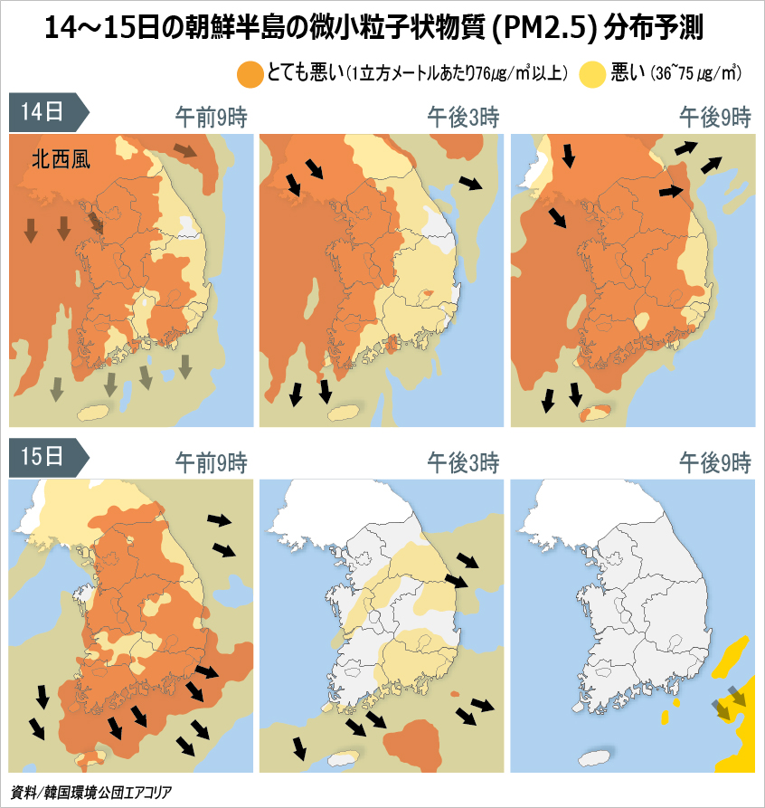 １４～１５日の朝鮮半島の微小粒子状物質（ＰＭ２．５）分布予測