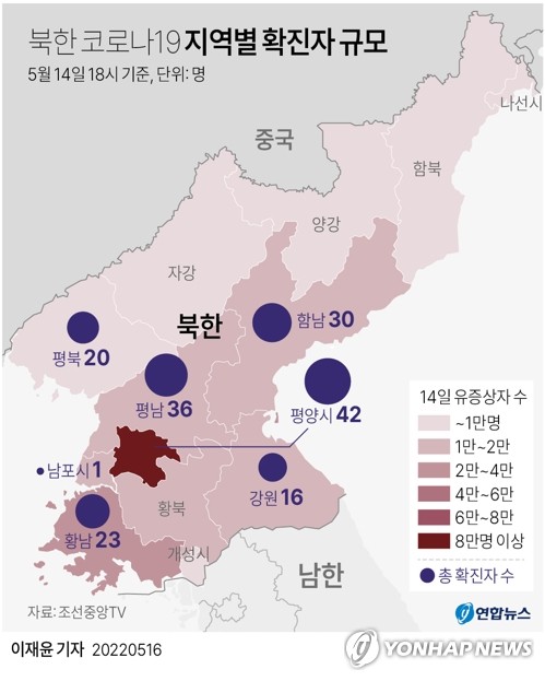  북한 코로나19 지역별 확진자 규모