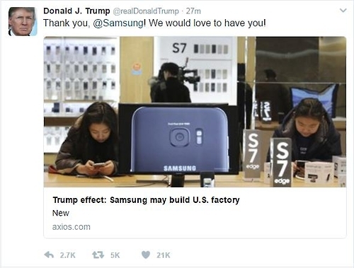 (3rd LD) Trump says 'Thank you, Samsung' for considering building factory in U.S. - 1