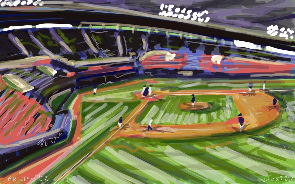 This painting, hand drawn by Andy Brown on a tablet, shows the Korea Baseball Organization clubs LG Twins and Doosan Bears in action at Jamsil Stadium in Seoul. (Yonhap)