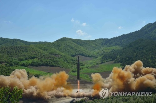 North Korea launches a Hwasong-14 intercontinental ballistic missile on July 4, 2017. (For Use Only in the Republic of Korea. No Redistribution) (KCNA-Yonhap)
