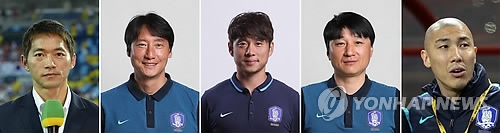 This photo provided by the Korea Football Association on July 12, 2017, shows the new coaching staff for the men's national team led by head coach Shin Tae-yong. From left: Kim Nam-il, Kim Hae-woon, Lee Jae-hong, Jeon Kyung-jun and Cha Du-ri. (Yonhap)