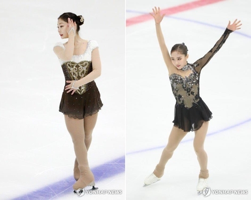 These file photos taken Dec. 3, 2017, show Kim Ha-nul (L) and An So-hyun performing their free skate programs at the second leg of the South Korean Olympic figure skating qualifiers at Mokdong Ice Rink in Seoul. (Yonhap)