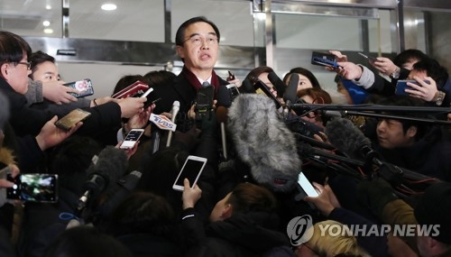 This photo, taken Jan. 9, 2018, shows Unification Minister Cho Myoung-gyon speaking to reporters before heading for inter-Korean talks. (Yonhap)