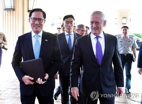 South Korean Defense Minister Song Young-moo and his American counterpart, Jim Mattis, meet on a previous occasion in this photo provided by Song's ministry. (Yonhap)