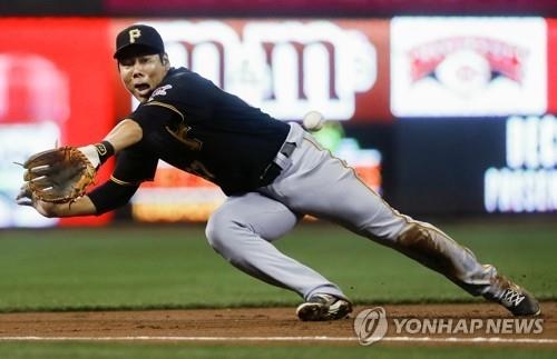 In this Associated Press file photo from Sept. 16, 2016, Kang Jung-ho of the Pittsburgh Pirates misses a double off the bat of Cincinnati Reds' Adam Duvall in the first inning of a major league regular season game at Great American Ball Park in Cincinnati. (Yonhap)