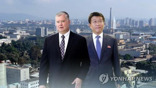 This combined image of Stephen Biegun, the U.S. special representative for North Korea, and his North Korean counterpart, Kim Hyok-chol, was provided by Yonhap News TV. (Yonhap)