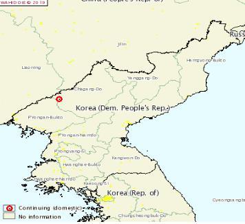 Shown in the map provided by the World Organization for Animal Health to South Korea's agriculture ministry on May 30, 2019, is the location of the ASF-infected North Korean farm. (Yonhap)
