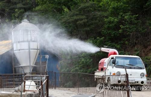 A quarantine vehicle sprays disinfectant at a pig farm in Paju, north of Seoul, on May 31, 2019. (Yonhap) 