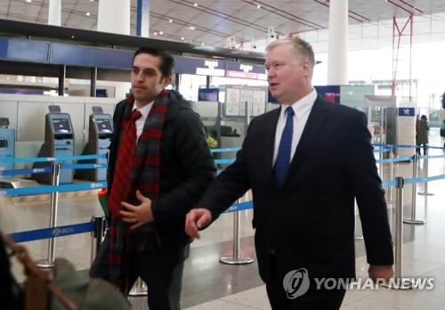 U.S. Special Representative for North Korea Stephen Biegun arrives at Beijing Capital International Airport in Beijing to leave for Washington on Dec. 20, 2019. (Yonhap)