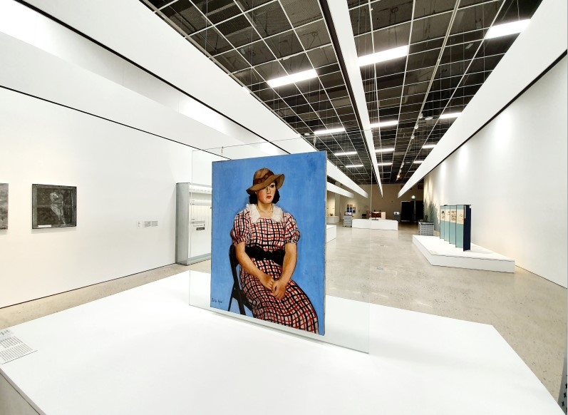 This photo provided by the National Museum of Modern and Contemporary Art (MMCA) on June 3, 2020, shows the restored version of "Woman in a Cross Striped Dress" by Lee Gap-gyeong from 1937, which is on display at the "Conservator C's Day" exhibition at MMCA Cheongju. (Yonhap)