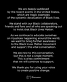 A statement from K-pop company SM Entertainment on June 19, 2020, on its support for the Black Lives Matter movement in the United States. The statement was shared on the company's @SMTOWNGLOBAL Twitter account. (PHOTO NOT FOR SALE) (Yonhap)