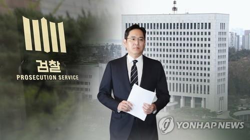 This composite image shows Samsung's heir and de facto leader Lee Jae-yong against a background of the prosecution's logo and building. (Yonhap)