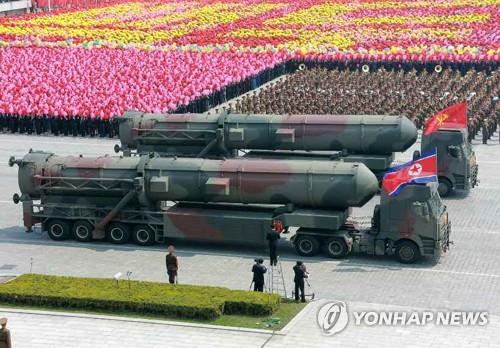 This photo, released on April 16, 2017, by the Rodong Sinmun, a daily of North Korea's ruling Workers' Party, shows presumed-to-be new intercontinental ballistic missiles (ICBMs) first disclosed at a military parade at Kim Il-sung Square in Pyongyang to mark the 105th birth anniversary of the late North Korea founder Kim Il-sung the previous day. (For Use Only in the Republic of Korea. No Redistribution) (Yonhap)