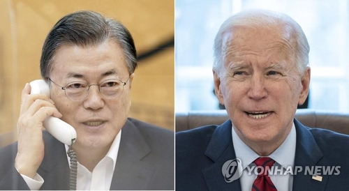 A file photo of South Korean President Moon Jae-in (L) and a photo provided by EPA of U.S. President Joe Biden (PHOTO NOT FOR SALE) (Yonhap)