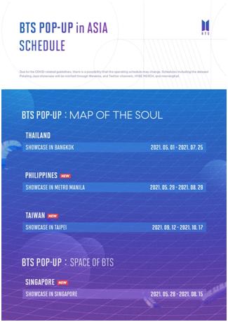 This image, provided by Hybe IP on May 24, 2021, shows the operation schedule for four new BTS pop-up stores to open in Asia. (PHOTO NOT FOR SALE) (Yonhap)