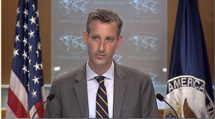 U.S. State Department spokesman Ned Price is seen answering questions in a daily press briefing at the Department of State in Washington on Aug. 11, 2021, in this image captured from the website of the department. (Yonhap)