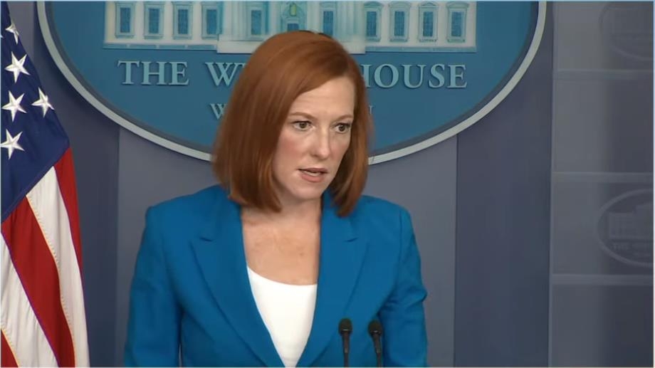 White House spokeswoman Jen Psaki is seen answering questions in a daily press briefing at the White House in Washington on Aug. 30, 2021 in this image captured from the website of the White House. (Yonhap)