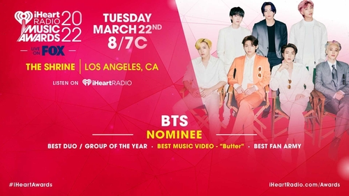 This image provided by iHeartRadio Music Awards shows South Korean boy group BTS was nominated for Best Duo/Group of the Year, Best Fan Army and Best Music Video at the 2022 iHeartRadio Music Awards. (PHOTO NOT FOR SALE) (Yonhap)