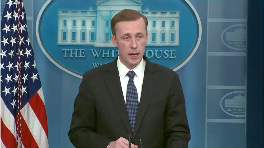 U.S. National Security Advisor Jake Sullivan is seen answering a question in a briefing at the White House in Washington on March 22, 2022 in this image captured from the White House website. (Yonhap)