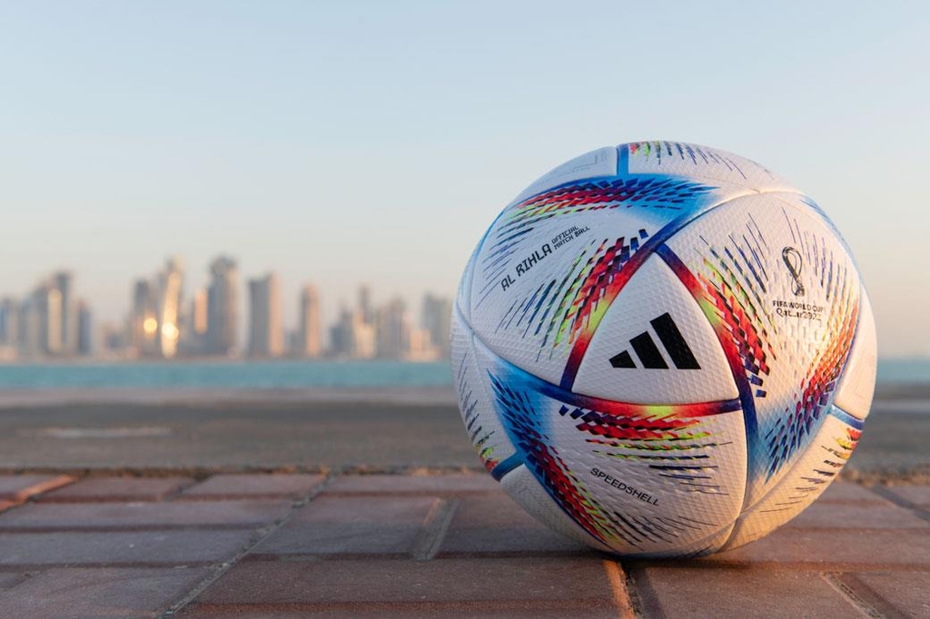 This photo provided by FIFA on March 31, 2022, shows the official ball for the 2022 FIFA World Cup, named Al Rihla. (PHOTO NOT FOR SALE) (Yonhap)