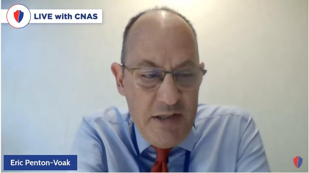 Eric Penton-Voak, coordinator at the Panel of Experts on U.N. Security Council resolutions on North Korea, is seen speaking in a webinar hosted by the Washington-based Center for a New American Security on April 20, 2022 in this captured image. (Yonhap)