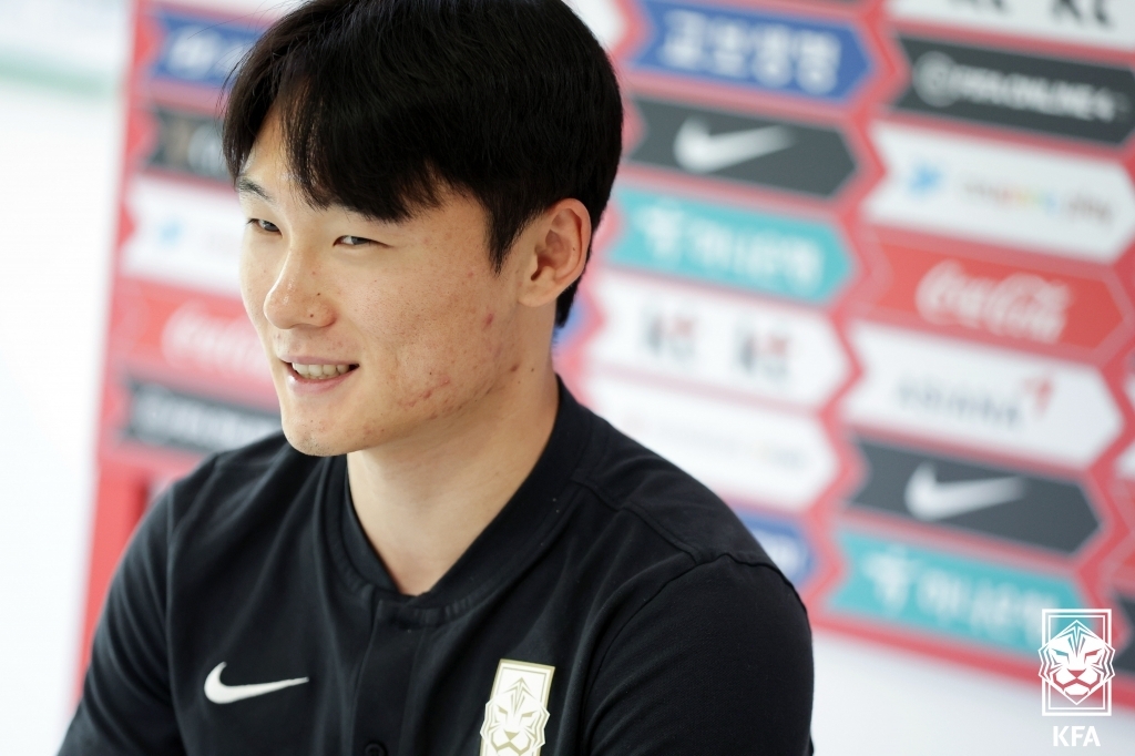 South Korean midfielder Um Won-sang speaks during an online press conference at the National Football Center in Paju, Gyeonggi Province, on June 12, 2022, two days before South Korea's friendly match against Egypt, in this photo provided by the Korea Football Association. (PHOTO NOT FOR SALE) (Yonhap)
