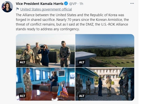 The captured image shows a tweeted message from U.S. Vice President Kamala Harris posted on her Twitter account on Sept. 29, 2022 about her visit to the Demilitarized Zone during her trip to South Korea. (PHOTO NOT FOR SALE) (Yonhap)