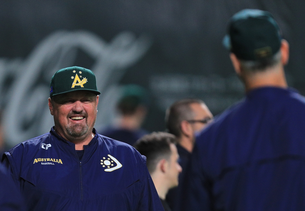 This photo provided by Baseball Australia on Feb. 20, 2023, shows David Nilsson (L), manager of the Australian national baseball team. (PHOTO NOT FOR SALE) (Yonhap)