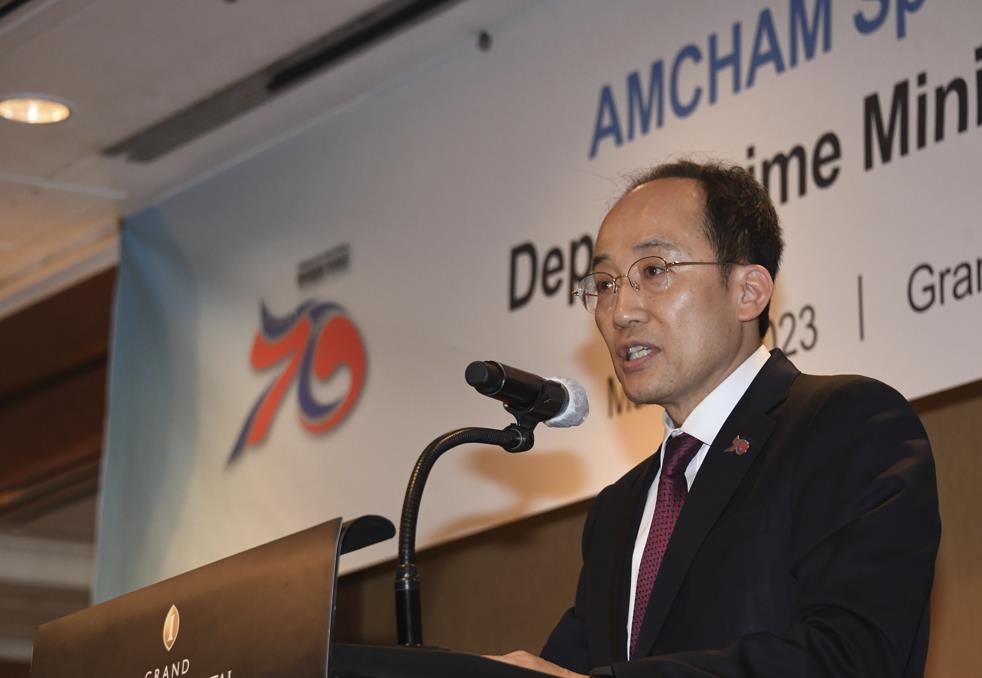 Finance Minister Choo Kyung-ho speaks during an event hosted by the American Chamber of Commerce in South Korea in Seoul on March 8, 2023, in this photo provided by the Ministry of Economy and Finance. (PHOTO NOT FOR SALE) (Yonhap)