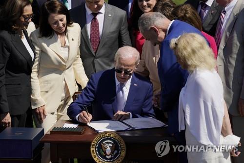 In this AP photo, U.S. President Joe Biden signs into law the CHIPS and Science Act at the White House in Washington on Aug. 9, 2022. (PHOTO NOT FOR SALE) (Yonhap)