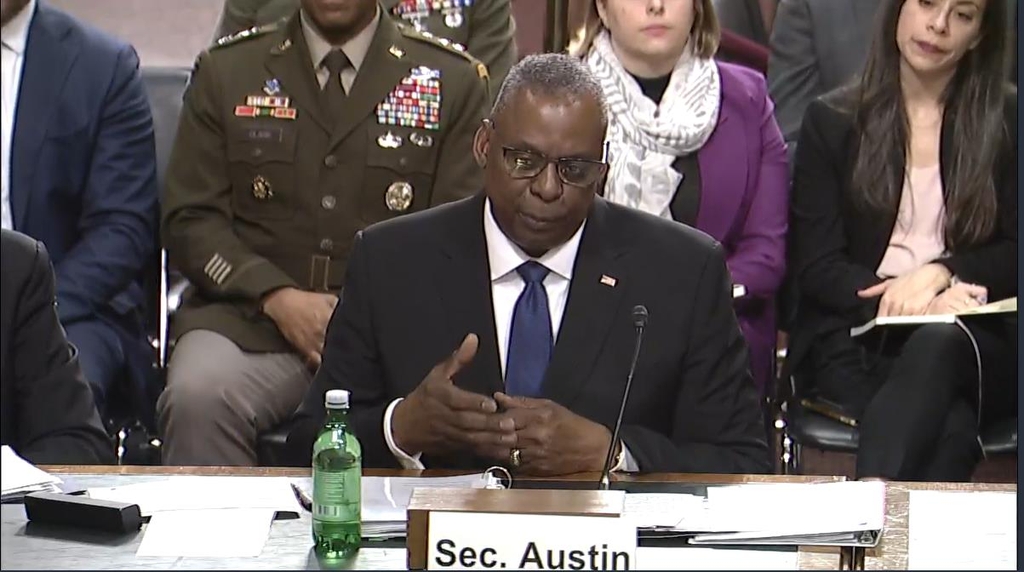 Secretary of Defense Lloyd Austin is seen answering questions during a Senate armed services committee hearing in Washington on March 28, 2023, in this captured image. (Yonhap)