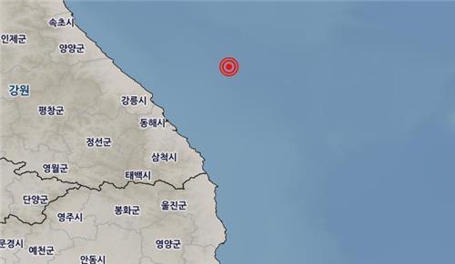 Este mapa muestra el epicentro de un terremoto de magnitud 3,5 que sacudió las aguas de la ciudad de Donghae, en el noreste de Corea del Sur, el 25 de abril de 2023. (Yonhap)