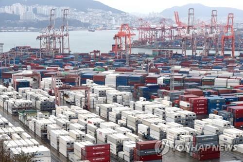 This file photo shows containers at a port in the southeastern port city of Busan on March 3, 2023. (Yonhap)